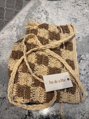 Lu & Elle Two-Tone Woven Drawstring Crossbody Bag in Cream and Brown
